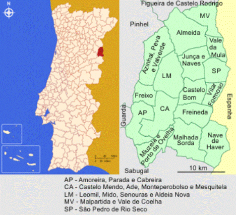 Mapa da localização e freguesias do Concelho de Almeida