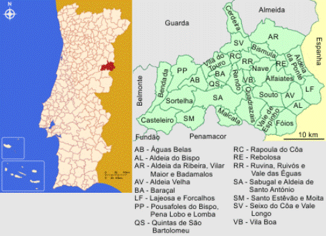 Mapa da localização e freguesias do Concelho de Sabugal